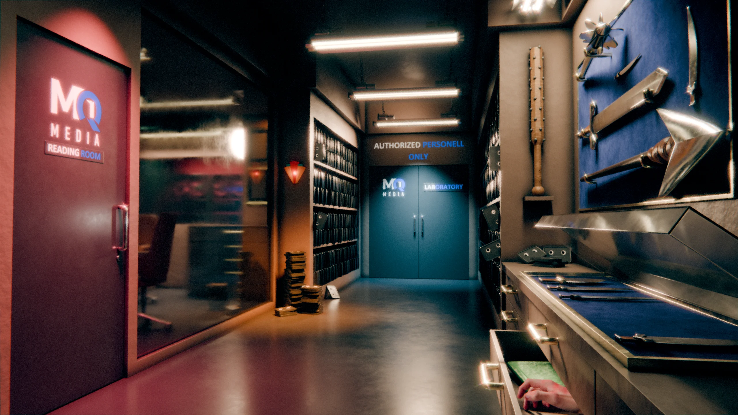The MQ Media audio production archive, with a red Reading Room door, tape-lined shelves, a blue laboratory entrance, and a display of sound-making props.
