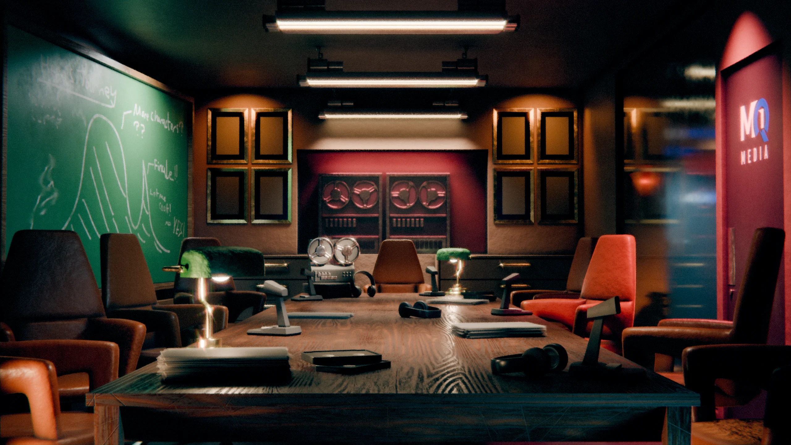 The MQ Media Reading Room, with scripts, microphones, headphones, and a reel-to-reel recorder on a long table, a chalkboard on the left, and framed displays on the back wall.