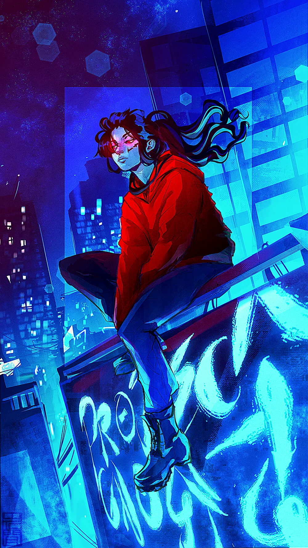 Fei overlooking a neon city in Project Gnosis.