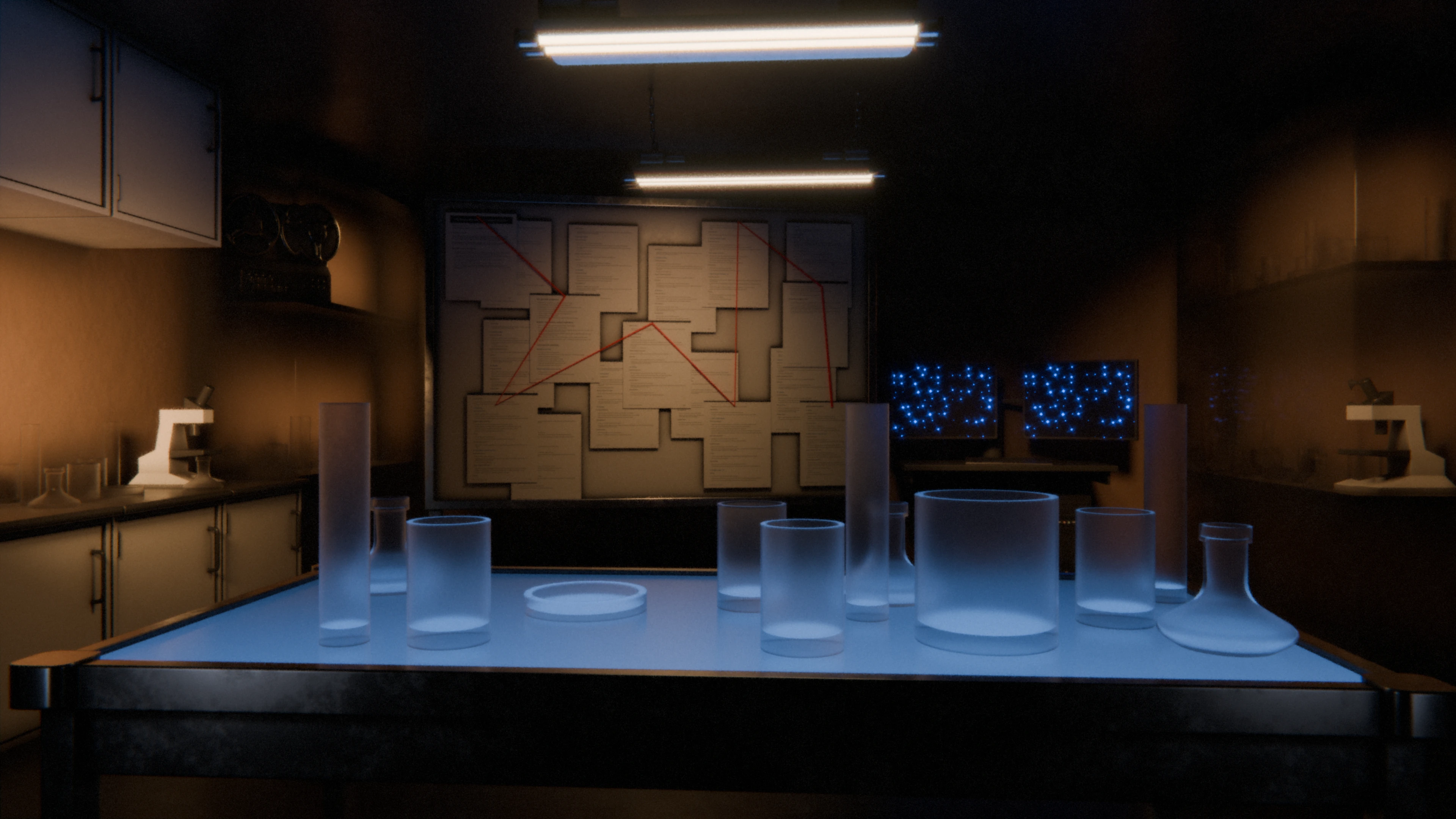 A dark Project Gnosis forensics lab with an illuminated evidence table, dossier board, analysis terminal, microscopes, and glass specimen cabinets.