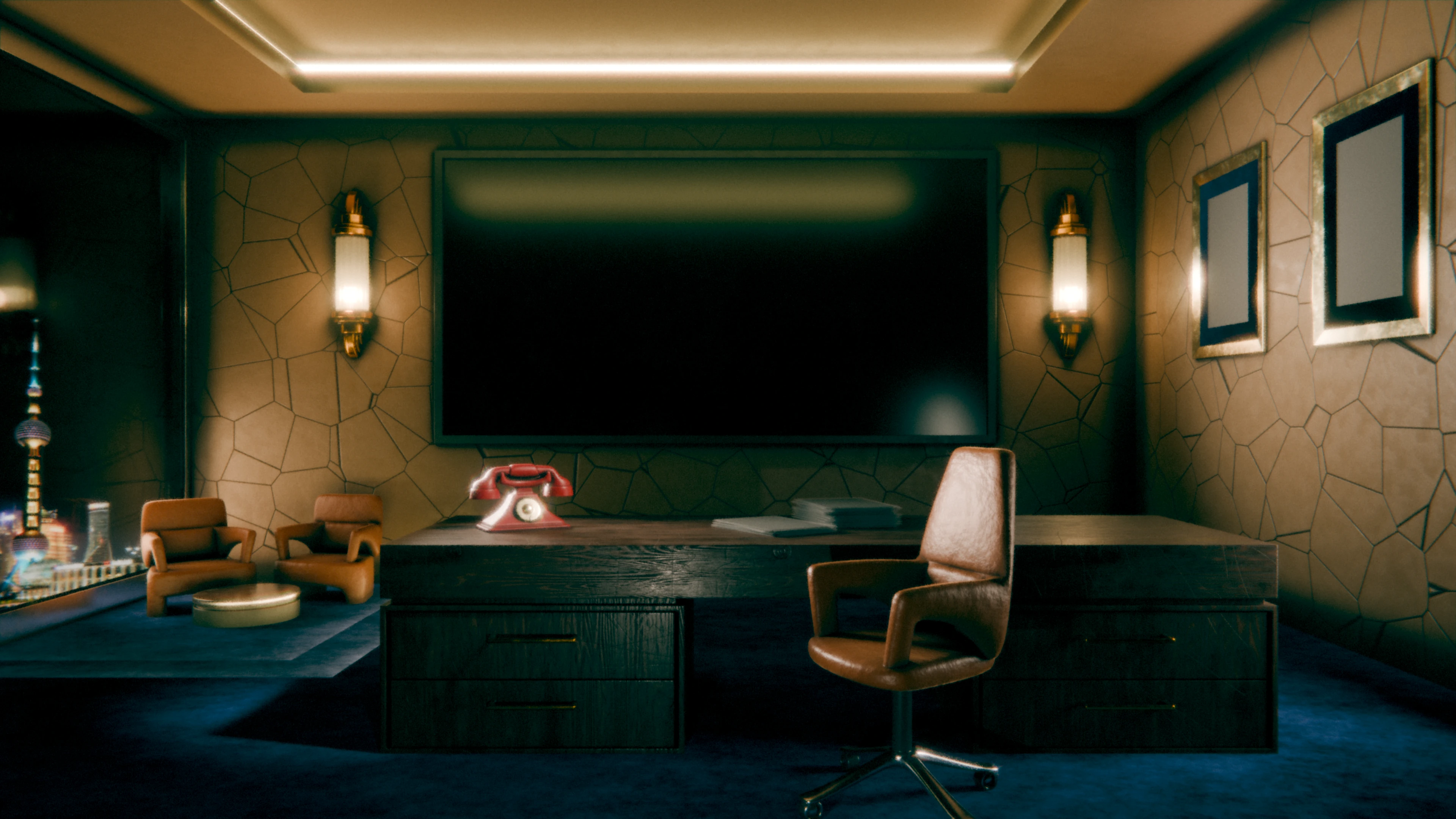 A dark, warmly lit MQ Media executive office overlooking the city, with a desk telephone, open project folio, media wall, meeting chairs, and a production archive.