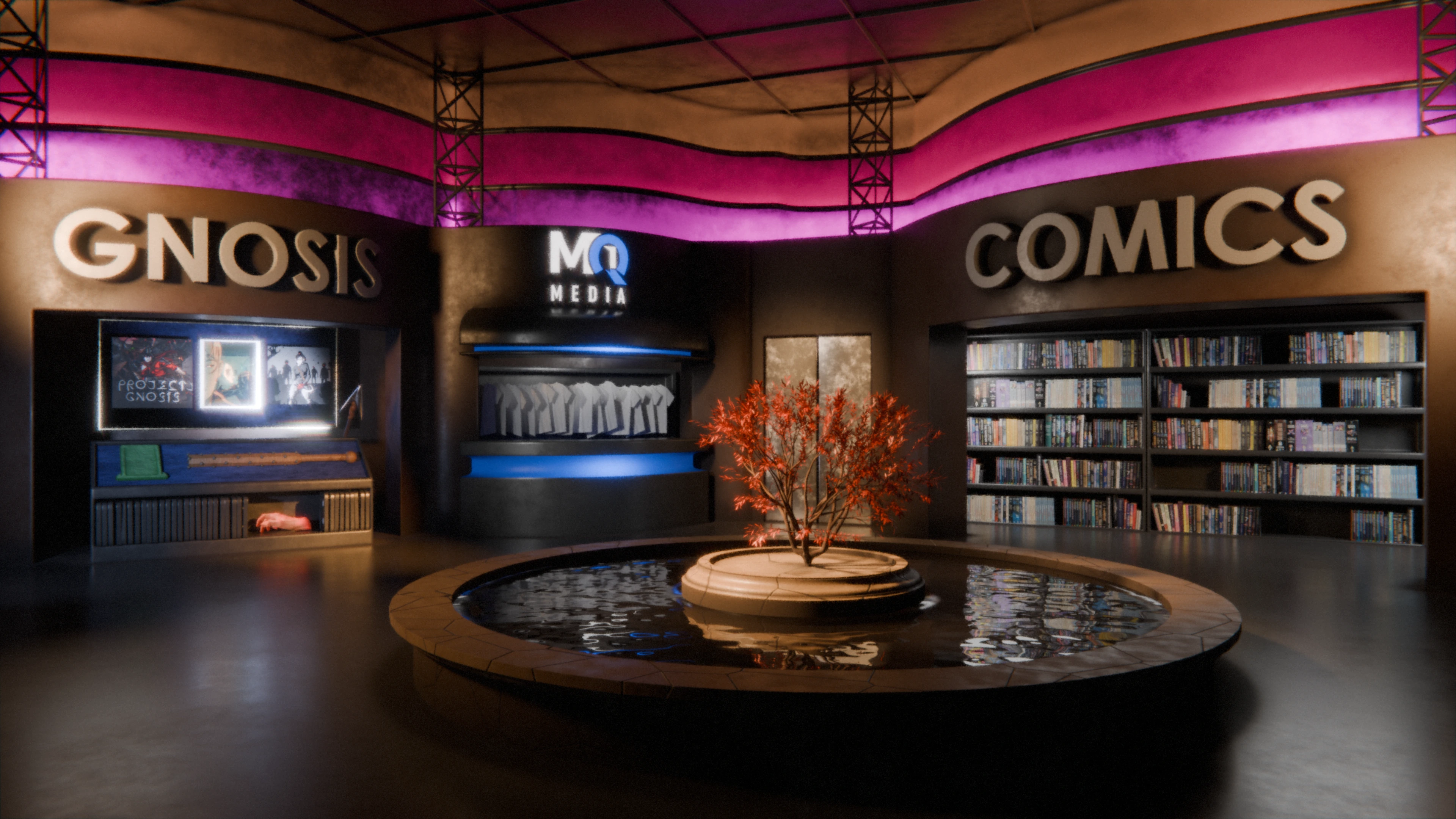 The MQ Media public supply floor, with Project Gnosis and MQ Media goods, a comics stand, release monitors, a central fountain, and a support desk.