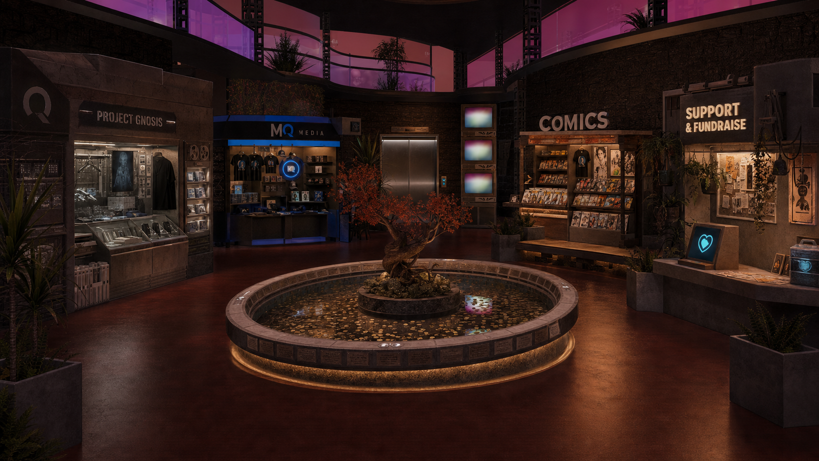 The MQ Media shop floor, with dedicated Project Gnosis, MQ Media, comics, and supporter areas surrounding a central fountain.