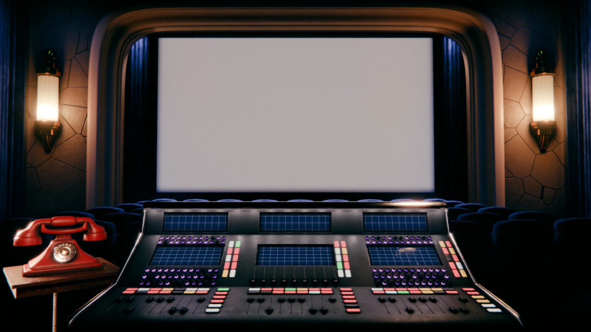 The MQ Media screening theater, viewed across a six-screen production console toward a large cinema screen, with a red rotary telephone at the production desk.