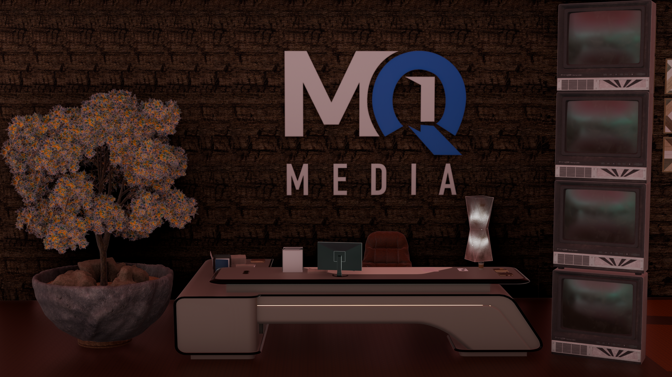 The MQ Media lobby, with a reception desk, a large MQ Media mark, a potted tree, and four stacked television screens.